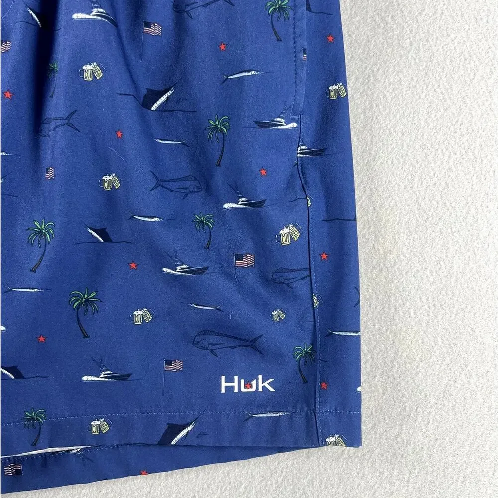 Huk Pursuit Volley Swim Trunks 5.5” Blue W/ USA Boats Mens Size Small